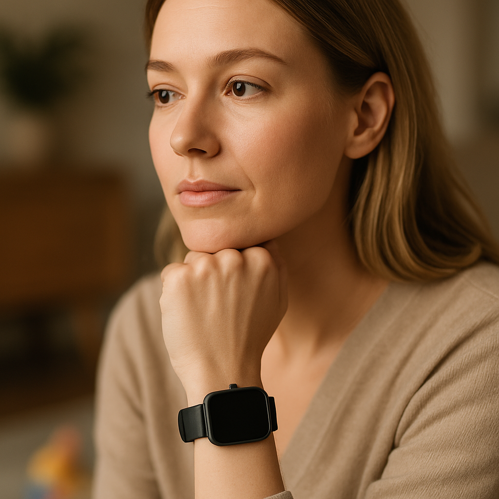 Een close-up van een Amazfit GTS smartwatch om de pols van een vrouw. Het horloge heeft een strak, modern design met een levendig scherm. De achtergrond is zacht gefocust en toont een glimp van een huiselijke, stijlvolle omgeving.