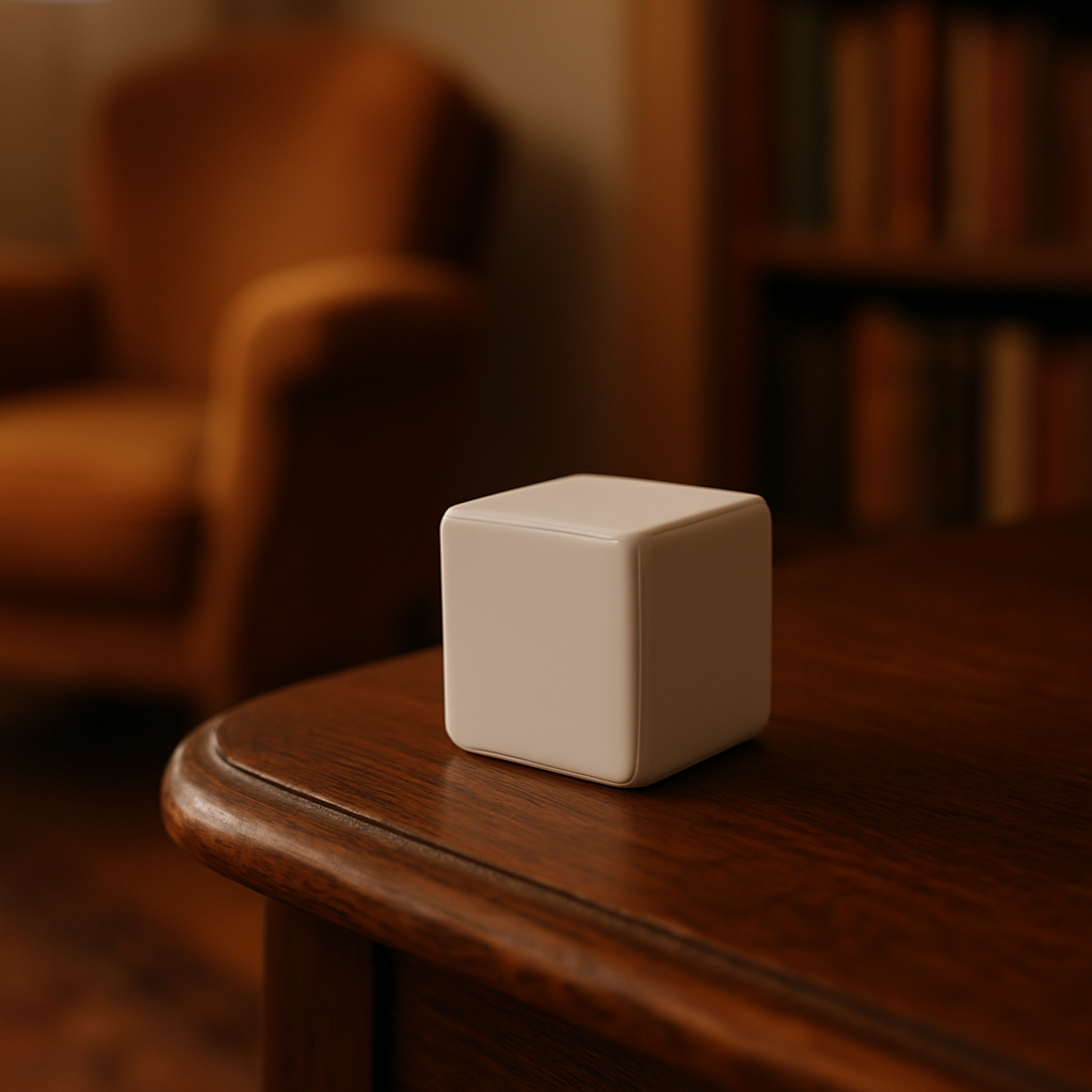 Een Aqara Cube, een klein wit kubusvormig apparaat, ligt elegant op een gepolijste antieke houten bijzettafel in een sfeervolle woonkamer met vintage meubels.