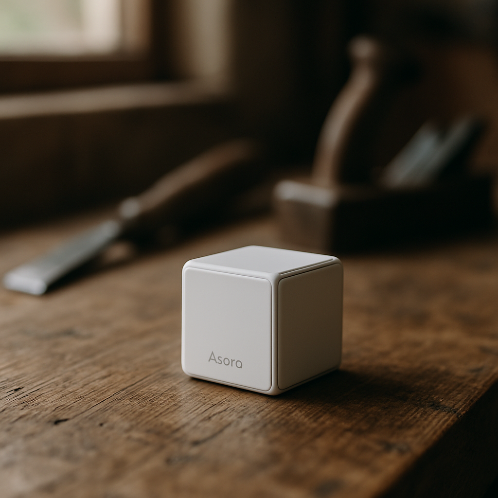 Een Aqara Cube ligt op een authentieke houten werkbank, met op de achtergrond wazig traditionele gereedschappen, onder zacht natuurlijk licht.