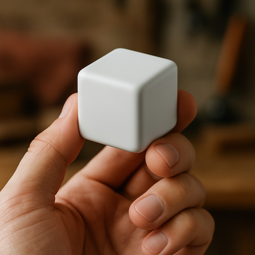Een close-up van een hand die voorzichtig een witte, minimalistische kubus vasthoudt. De achtergrond is onscherp en suggereert een warme, ambachtelijke werkplaats.