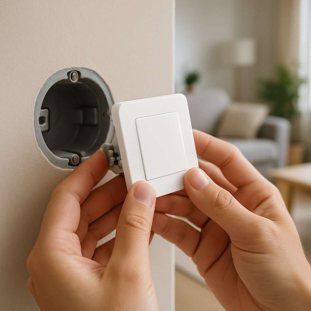 Close-up van handen die een witte slimme wandschakelaar in een muurbehuizing plaatsen in een modern interieur.