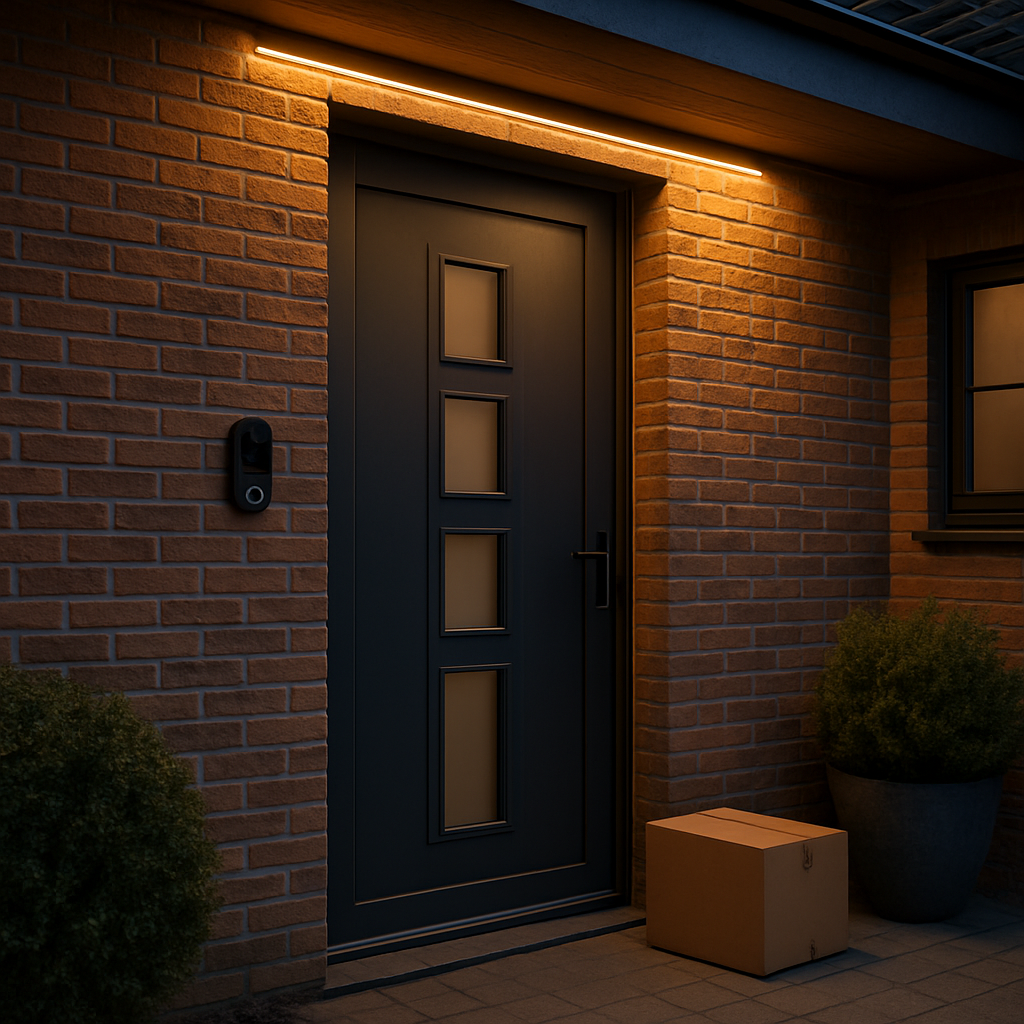 Een moderne voordeur in Nederland bij schemering, verlicht door warm slim licht. Een Aqara G4 deurbelcamera is zichtbaar aan de muur, naast een netjes geplaatst pakketje. De scène straalt veiligheid en welkom uit.