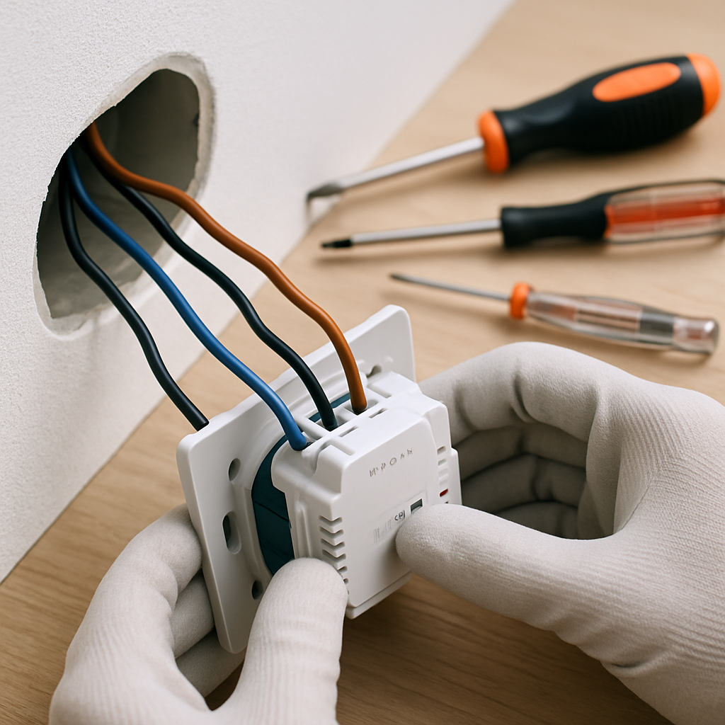 Detaillering van handen die draden aansluiten op een Aqara wandschakelaar in een muurdoos, met gereedschap op de achtergrond.