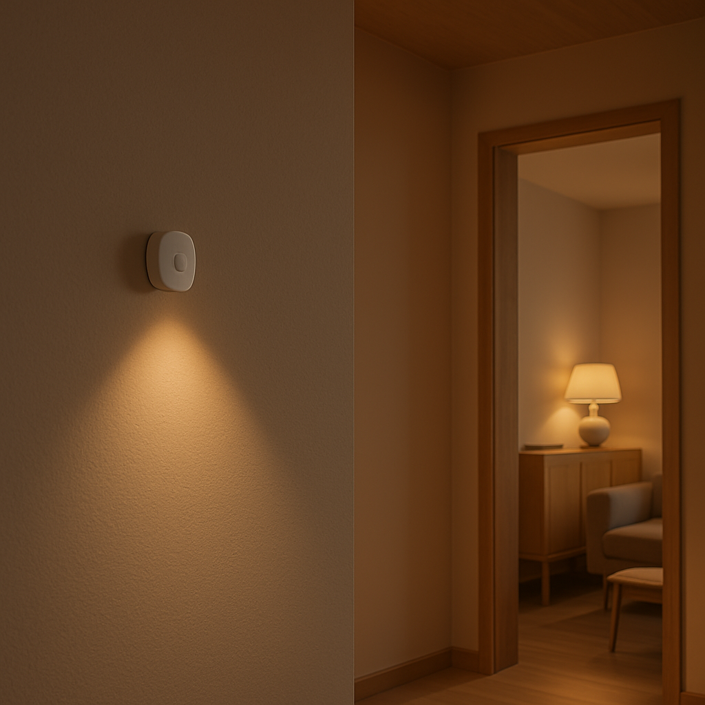 Een moderne, warm verlichte gang met een discreet geplaatste Aqara bewegingssensor op een muur, die een zacht lichtpad activeert, wat de subtiele en geautomatiseerde functie van de sensoren illustreert.