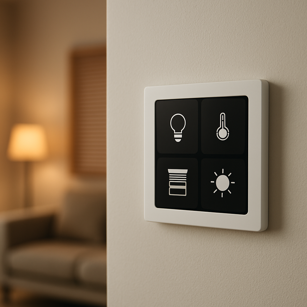 Een slank, wit Aqara smart home bedieningspaneel ingebouwd in een muur, met verlichte, minimalistische pictogrammen voor licht, temperatuur en rolluiken, omgeven door een zachte, warme sfeer van een woonkamer.