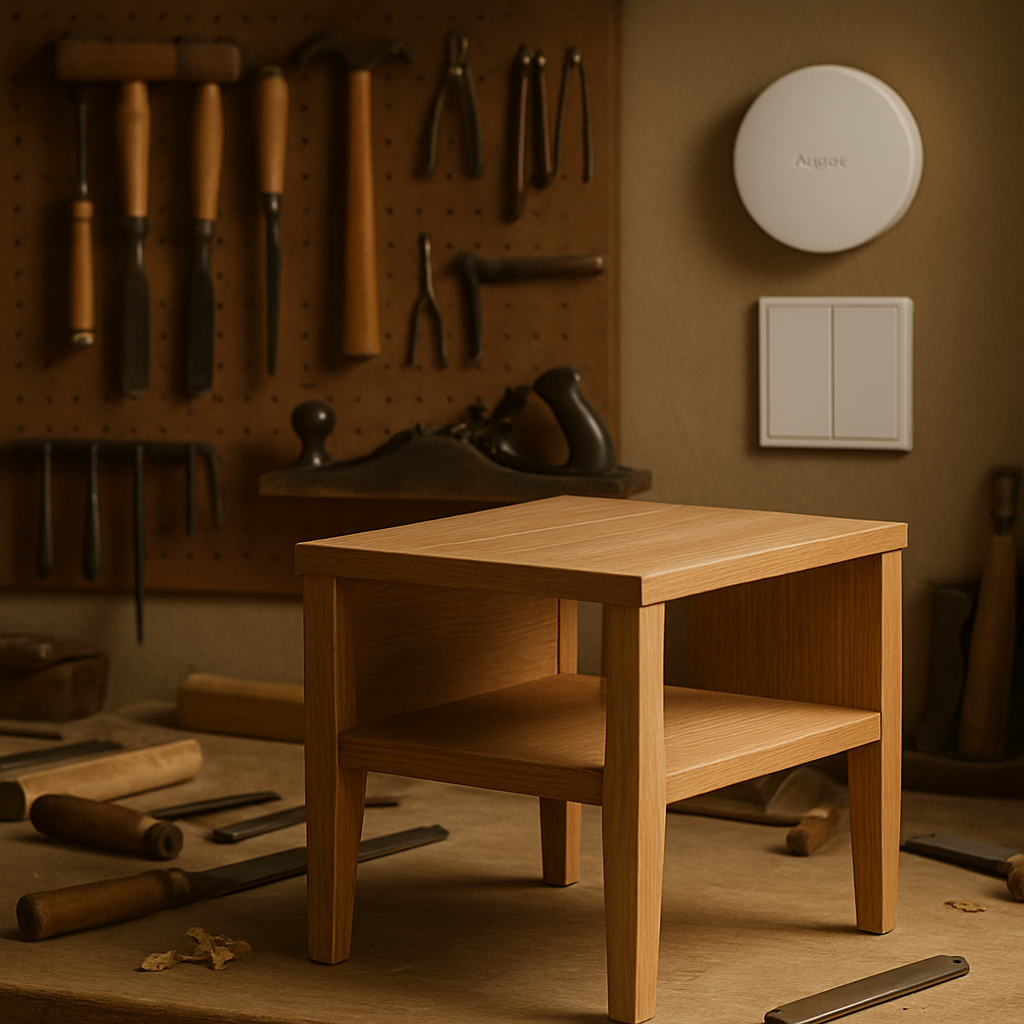 Een geordende werkplaats met houten meubels in aanbouw en op de achtergrond slimme thuisapparaten zoals een minimalistische hub en schakelaar, die de brug slaan tussen traditioneel vakmanschap en moderne technologie.