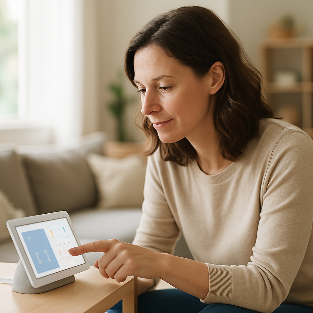 Een vrouw met kort haar kijkt ontspannen naar een Google Nest Hub op een strak meubel in een lichte woonkamer. De achtergrond toont een sfeervol, opgeruimd interieur met subtiele gezinsdetails.