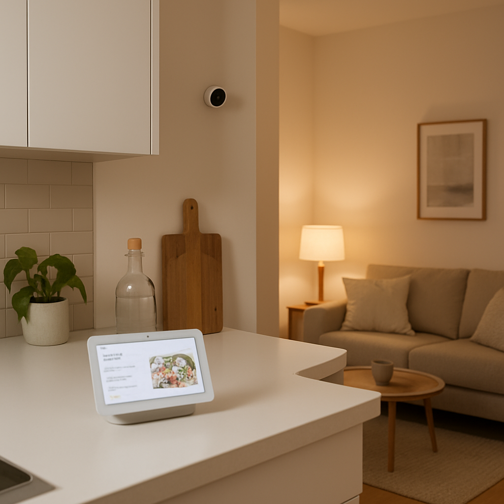 Een opgeruimde, compacte Nederlandse keuken en woonkamer, waar een Google Nest Hub een recept toont op het aanrecht en warm, gedimd licht de woonkamer sfeer geeft, met een Nest Cam discreet in de hoek.
