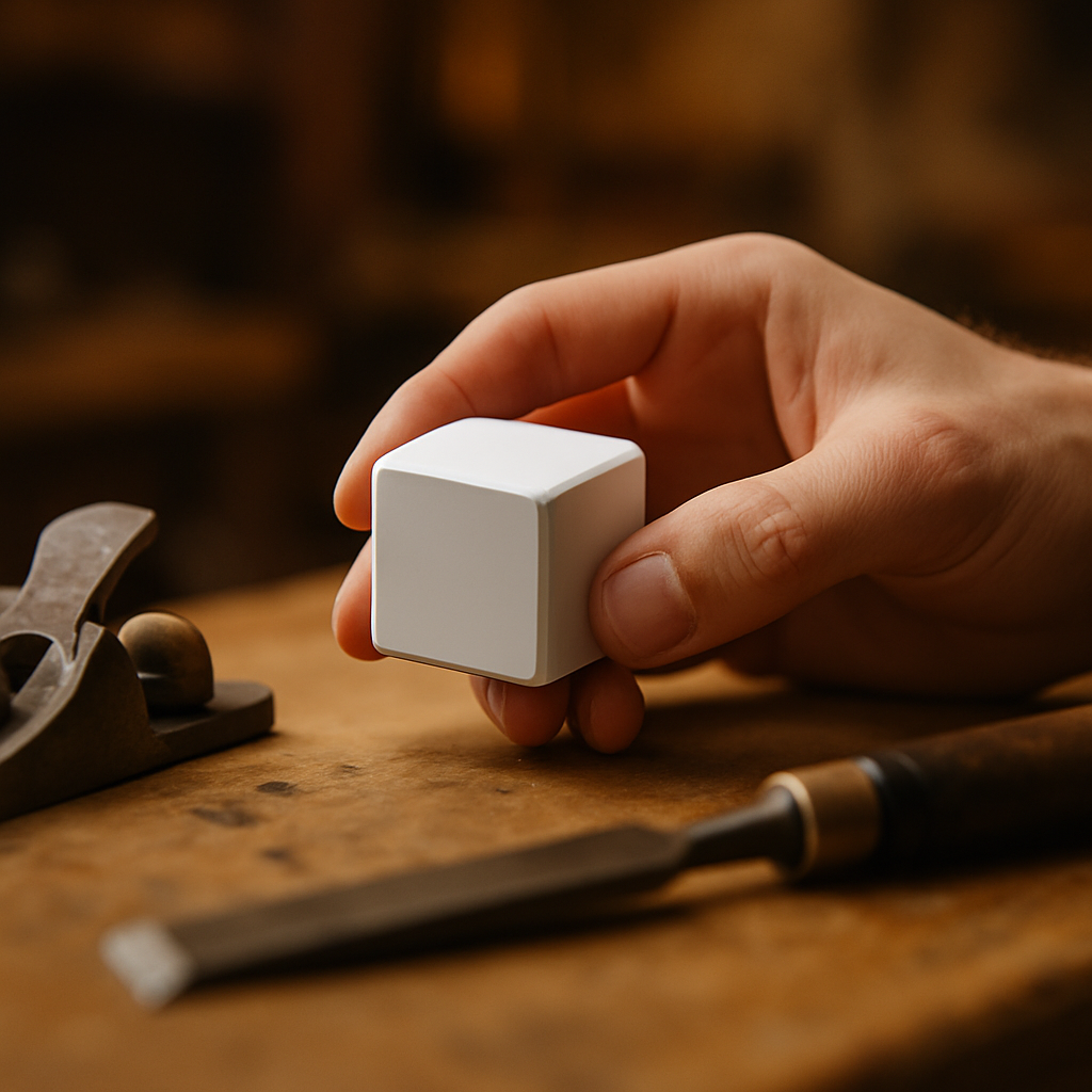 Een hand houdt een witte Aqara Cube afstandsbediening vast op een houten werkbank. Op de achtergrond zijn vage, traditionele houtbewerkingsgereedschappen te zien, wat de verbinding tussen moderne technologie en klassiek vakmanschap benadrukt.
