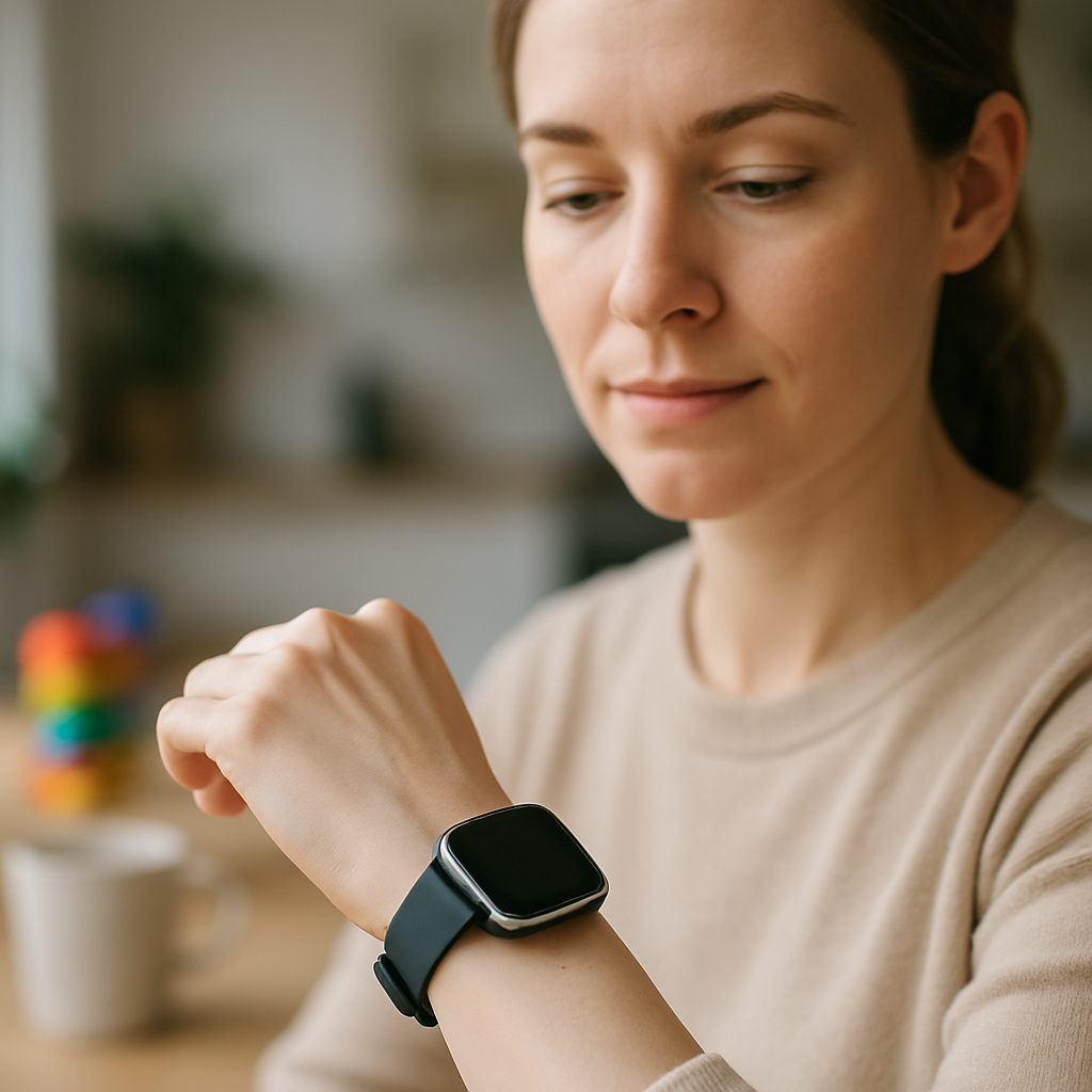 Een close-up van een vrouwenhand die rustig naar het scherm van een stijlvolle, minimalistische smartwatch kijkt. Op de onscherpe achtergrond is een sfeervolle, huiselijke setting te zien, wat de balans tussen technologie en een druk gezinsleven symboliseert.