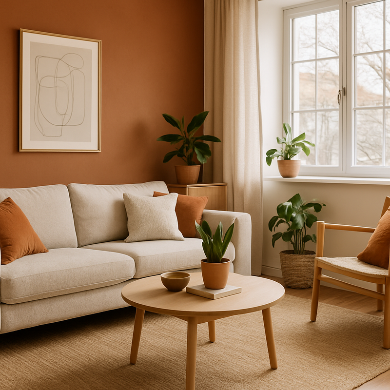 Zonnige woonkamer met natuurlijk houten meubels en zachte stoffen, benadrukt duurzame en gezonde woonomgeving