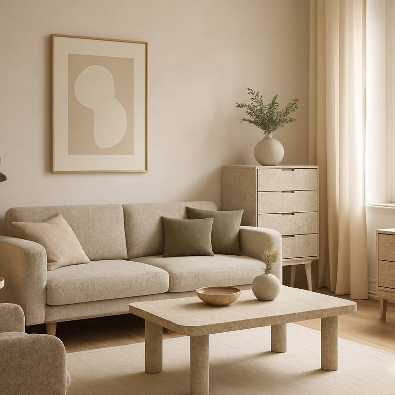 Woonkamer met duurzame meubels van gerecycled materiaal en energiezuinige verlichting in Scandinavische stijl