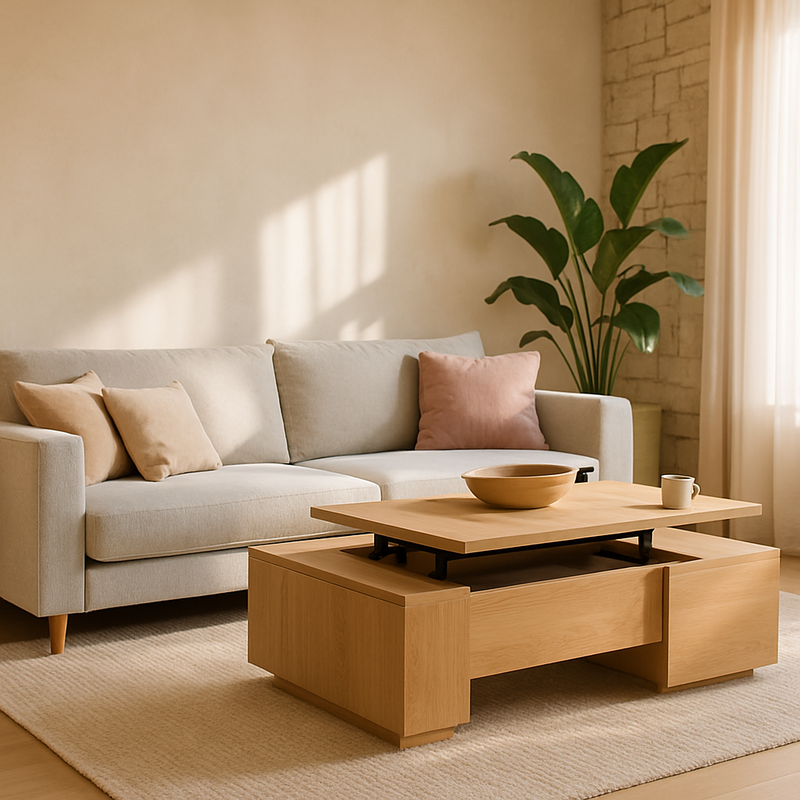 Moderne woonkamer met hout, natuursteen en multifunctionele meubels in natuurlijke kleuren