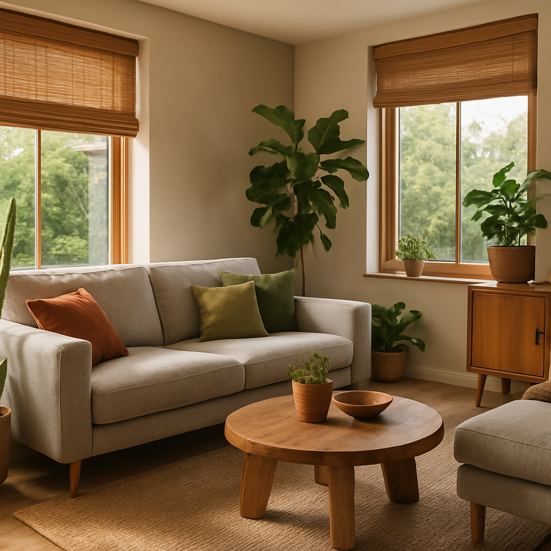 Moderne woninginterieur met duurzame materialen, houten afwerking en energiezuinige raambekleding