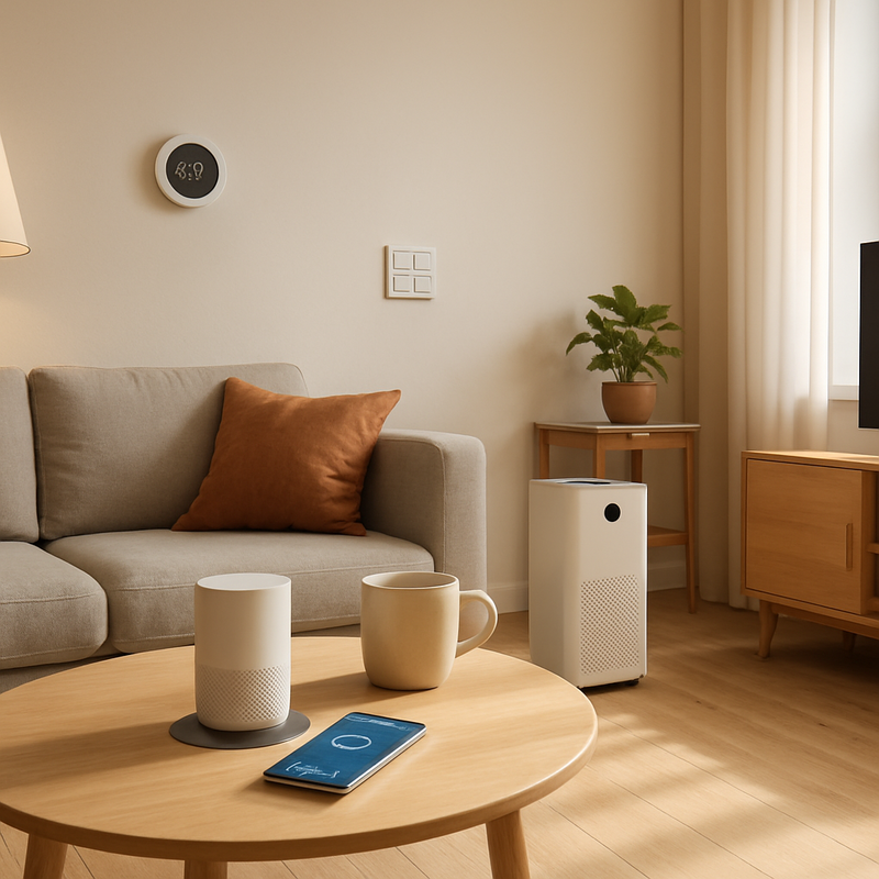 Moderne woonkamer met slimme apparaten en meubels in Scandinavische stijl