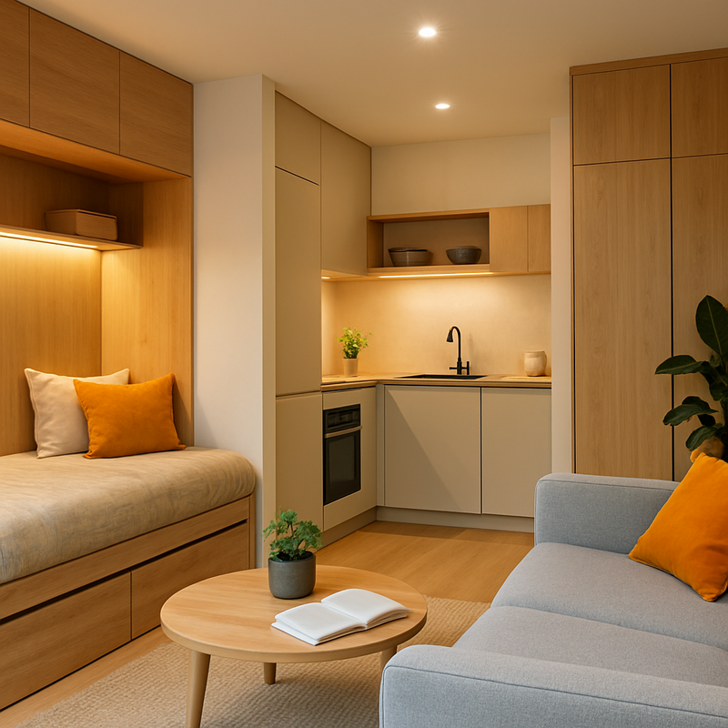 Compacte moderne woonkamer met multifunctionele meubels, verborgen opbergruimte en duurzame natuurlijke materialen