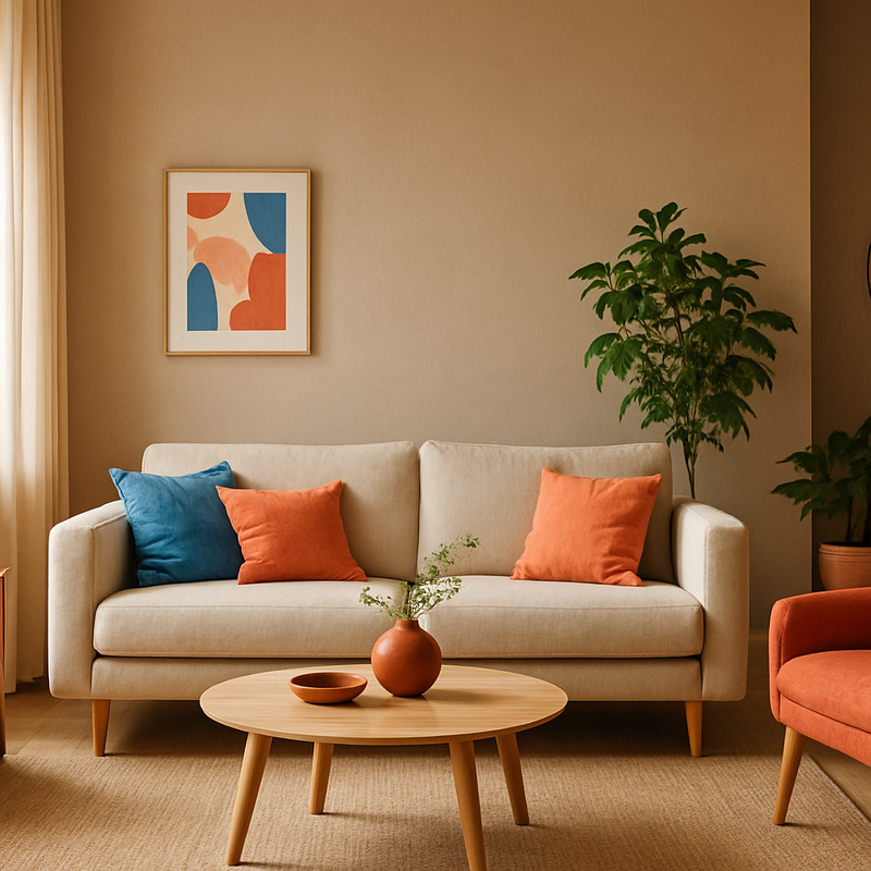 Moderne woonkamer met aardse neutrale muren, blauwe accentmuur, Scandinavisch interieur en planten