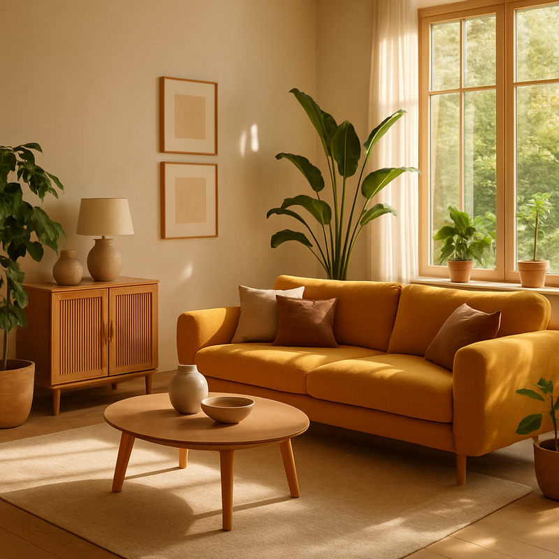 Moderne woonkamer met duurzame houten meubels, grote mosterdgele bank en natuurlijke planten, sfeervol en duurzaam interieur