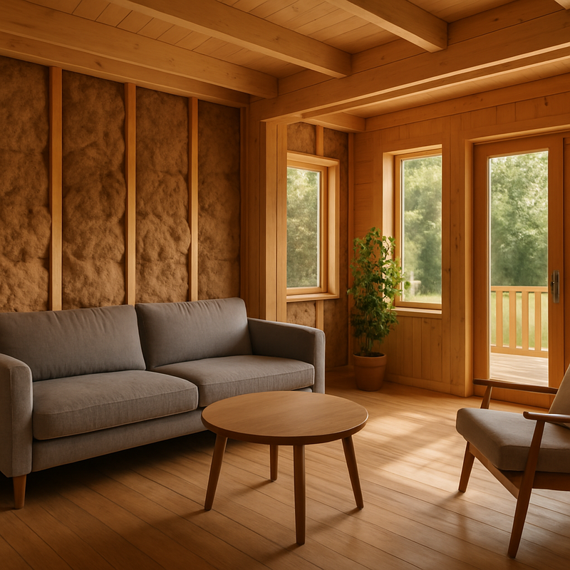 Modern houten huisinterieur met warm licht en natuurlijke schapenwolisolatie zichtbaar