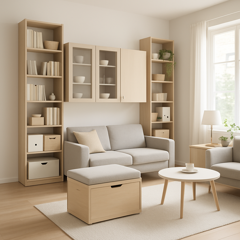 Moderne woonkamer met multifunctioneel meubilair en hoge wandkasten in Scandinavische stijl