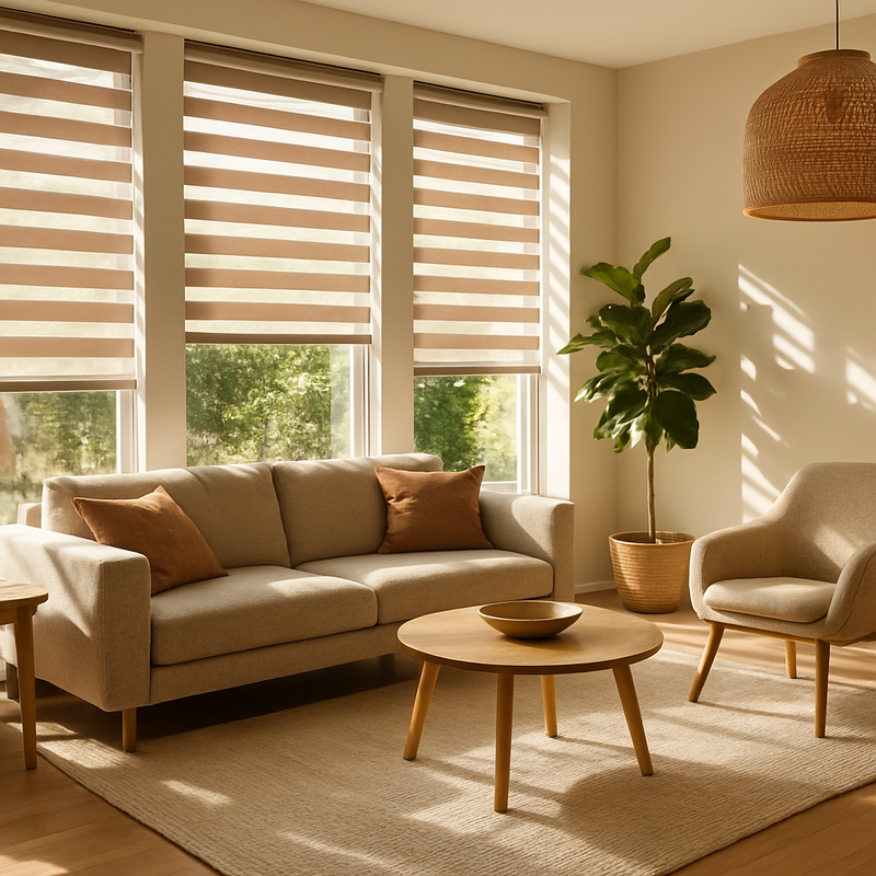 Moderne woonkamer met duo rolgordijnen die zonlicht filteren en energie besparen