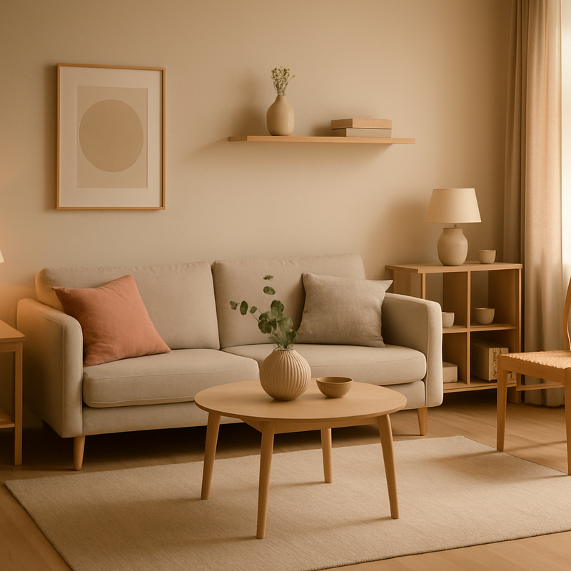 Licht Scandinavisch interieur met houten meubels en pastelkleuren