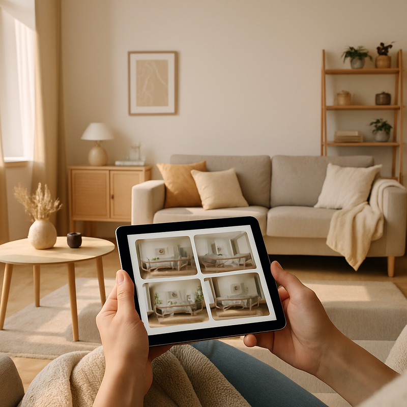 Modern interieur van een Nederlands gezinshuis met tablet die AI-gegenereerde interieurideeën toont