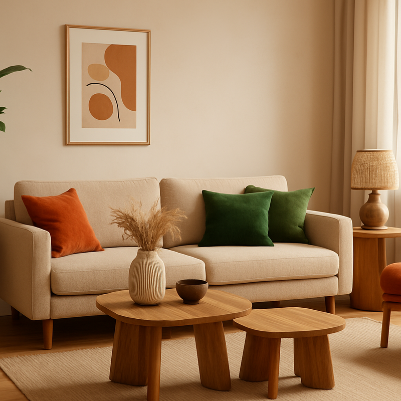 Sfeervolle woonkamer met houten meubels, zachte kussens en natuurlijke kleuren, inspirerend voor duurzame woninginrichting 2025.