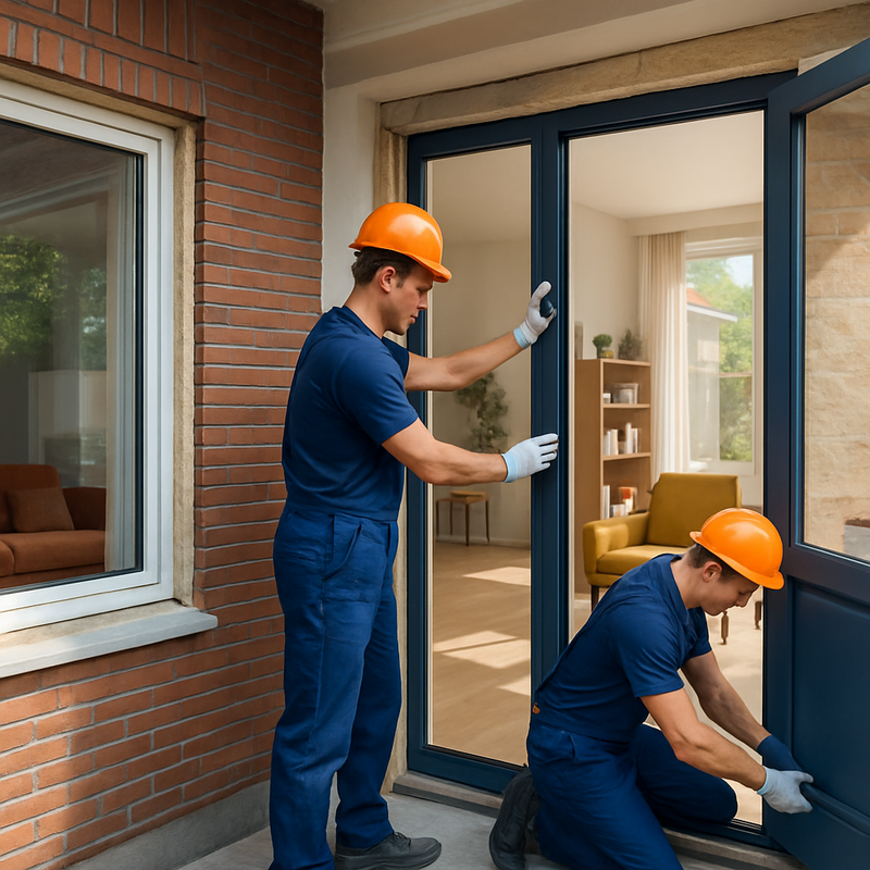 Moderne woning in Nederland tijdens duurzame renovatie met geïsoleerde ramen en vakmensen aan het werk