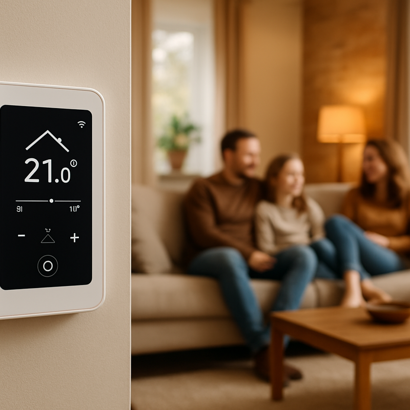 Moderne woonkamer met slim thermostaatpaneel aan de muur en gezin ontspannen op de bank