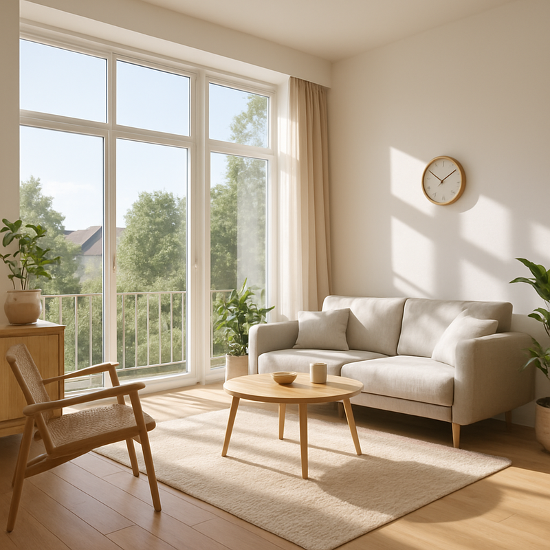 Lichte woonkamer met grote ramen en Scandinavisch interieur vol natuurlijk licht