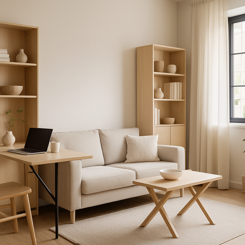 Modern ingerichte multifunctionele woonruimte met lichtkleurige meubels en verticale opbergoplossingen