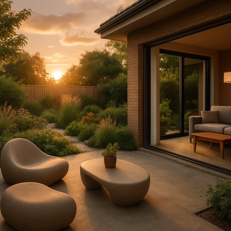 Duurzame tuin met vloeiende lijnen, cementgebonden gietvloer en sfeerverlichting bij zonsondergang