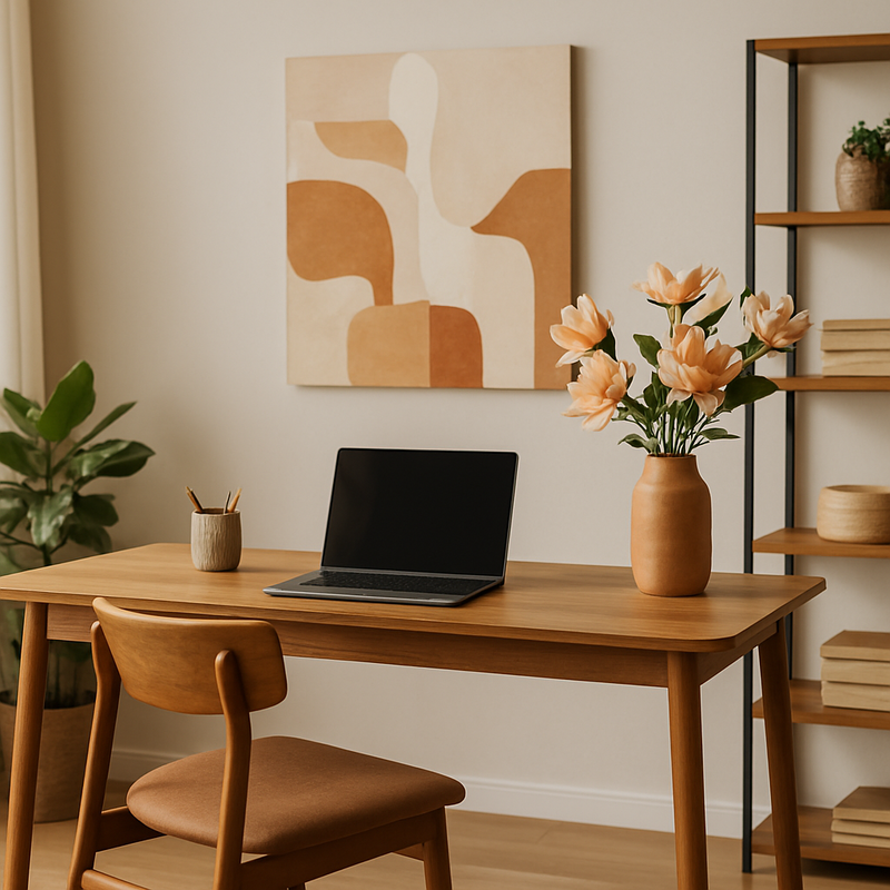 Stijlvolle en duurzame thuiswerkplek met open kasten, wandkunst en kunstbloemen