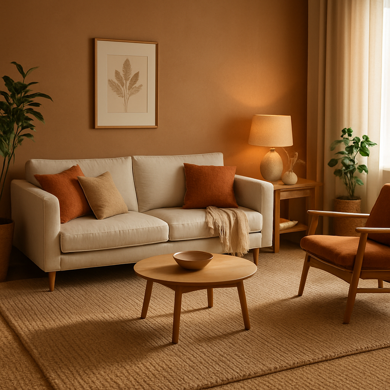 Woonkamer met duurzame vloerbedekking in aardse kleuren en rijke texturen