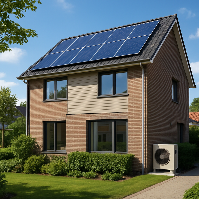 Moderne woning met zonnepanelen en warmtepomp die duurzame woonoplossingen toont