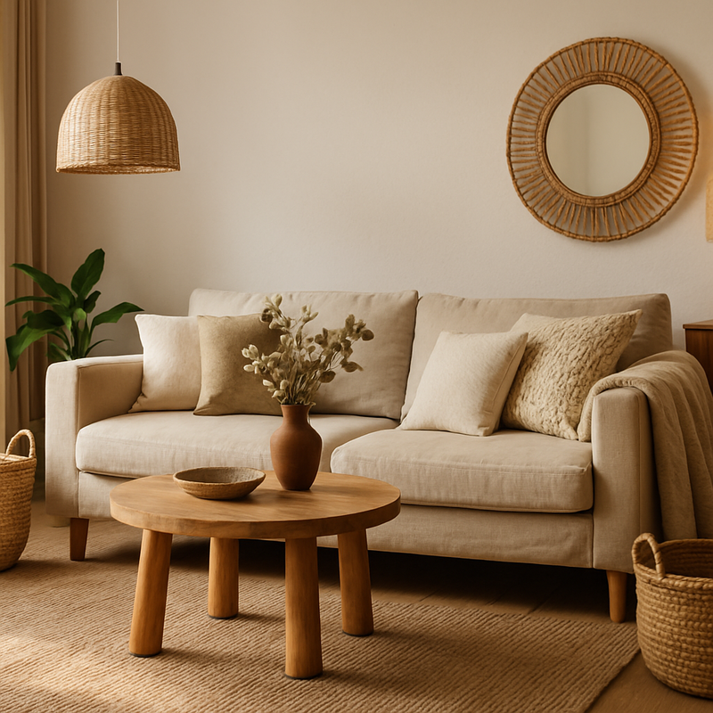 Gezellige woonkamer met natuurlijke woonaccessoires zoals rotan manden en houten meubels