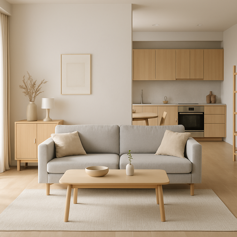 Modern minimalistisch interieur in Scandinavische stijl met lichte houttinten en strakke lijnen.