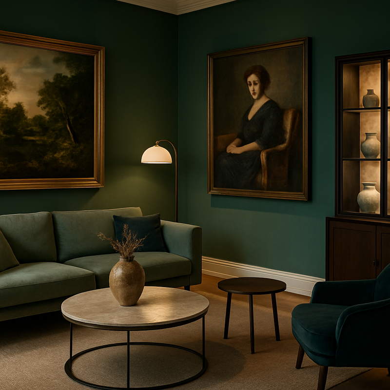 Modern interieur met grote kunstwerken, marmerlook vitrinekast en warme verlichting