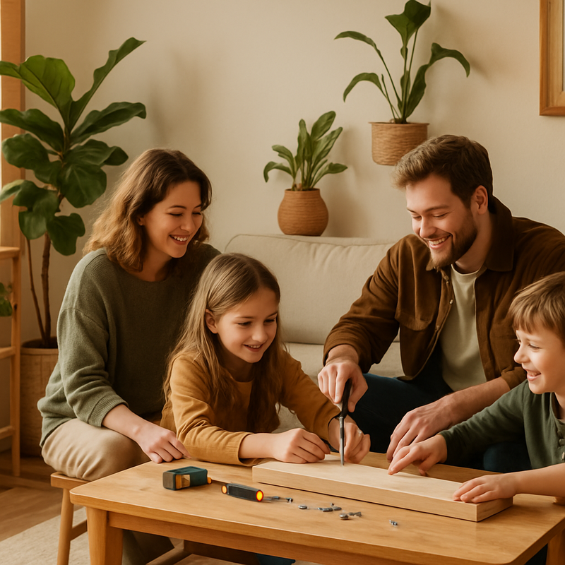 Gezin bezig met duurzame doe-het-zelf meubels en decoratie in hun lichte, natuurlijke woonkamer