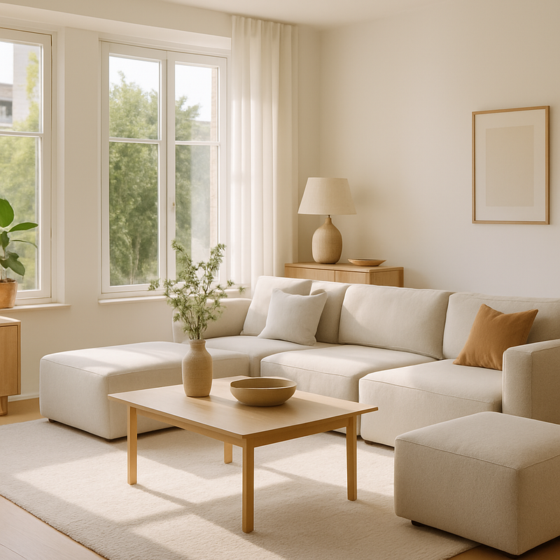 Modern Scandinavisch interieur met flexibele modulaire bank en duurzame meubels