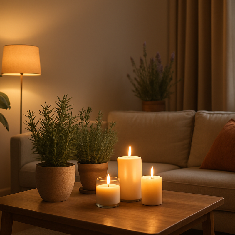 Scandinavisch interieur met planten, geurkaarsen en natuurlijke materialen in een warme, uitnodigende woonkamer