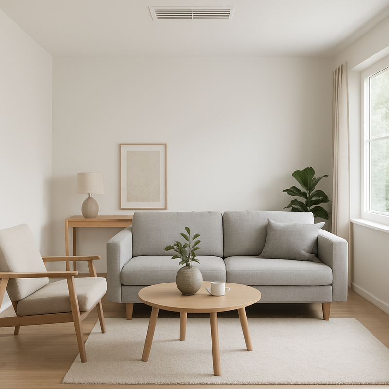 Modern interieur met geïntegreerde slimme ventilatie in het plafond