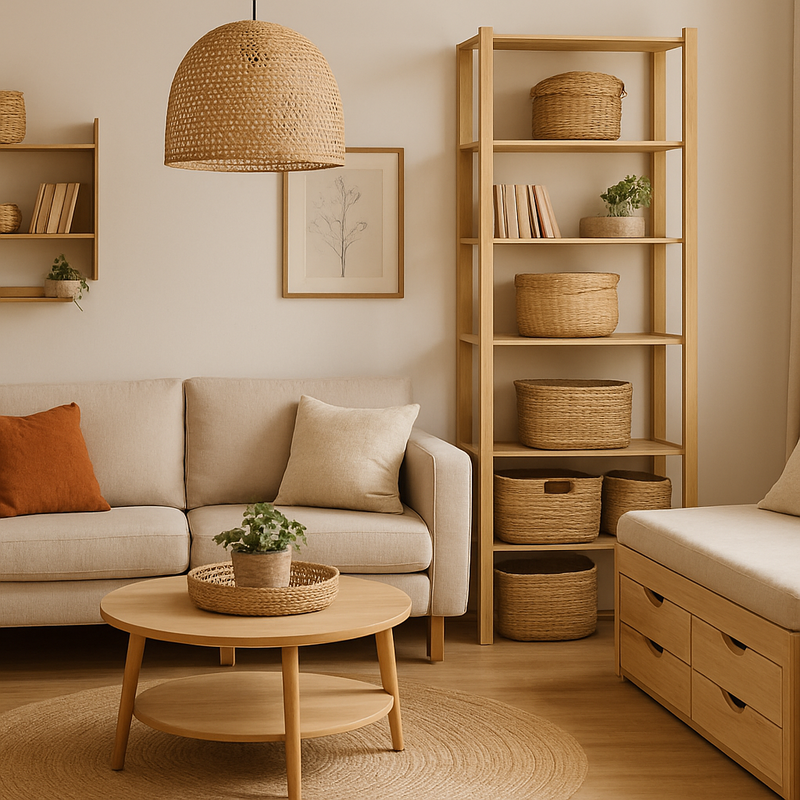 Kleine woonkamer met modulaire bank, wandplanken en rattan manden als opslag