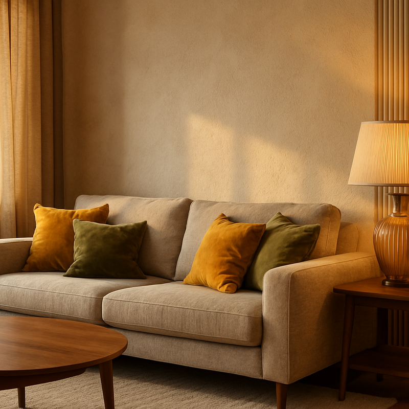 Woonkamer met velvet kussens, ribbelglas lampen en linnen gordijnen die textuur en warmte uitstralen