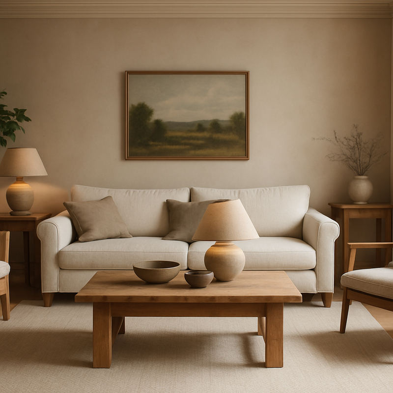 Woonkamer met natuurlijke houten meubels en neutrale kleuren, mix van classicisme en modern landelijk design