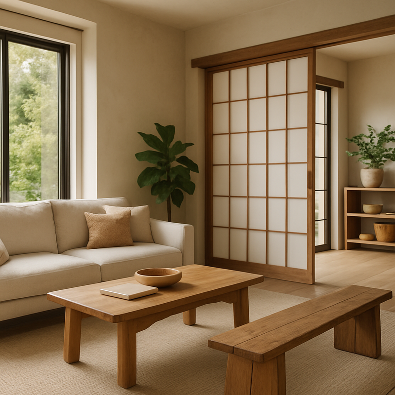 Woonkamer met duurzame houten meubels, grote ramen, en multifunctionele ruimte met schuifdeuren