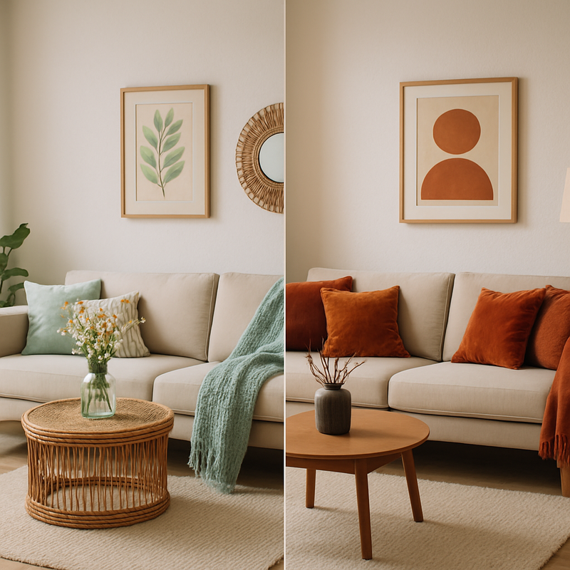 Woonkamer met lichte zomerse pasteltinten en warme winterse accessoires