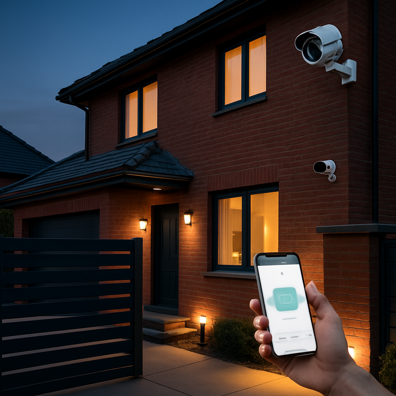 Moderne woning met geïntegreerde slimme beveiligingscamera's, elektrische poort en slimme verlichting