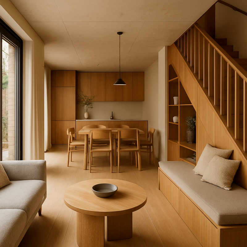 Modern interieur met vloeiende overgangen en multifunctionele meubels in een duurzaam huis